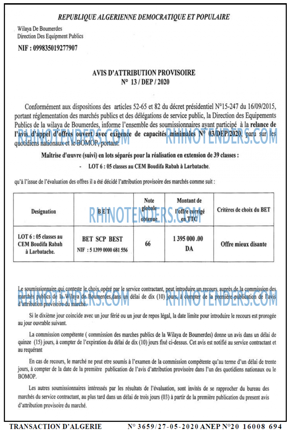 TRANSACTION D'ALGERIE