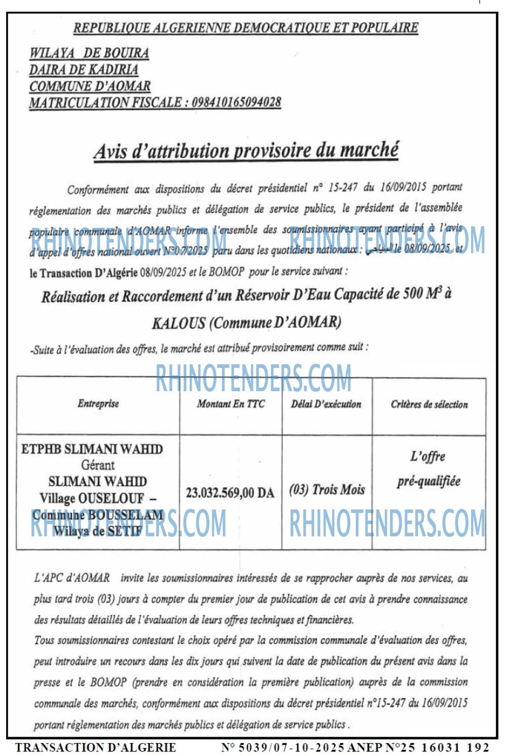 TRANSACTION D'ALGERIE