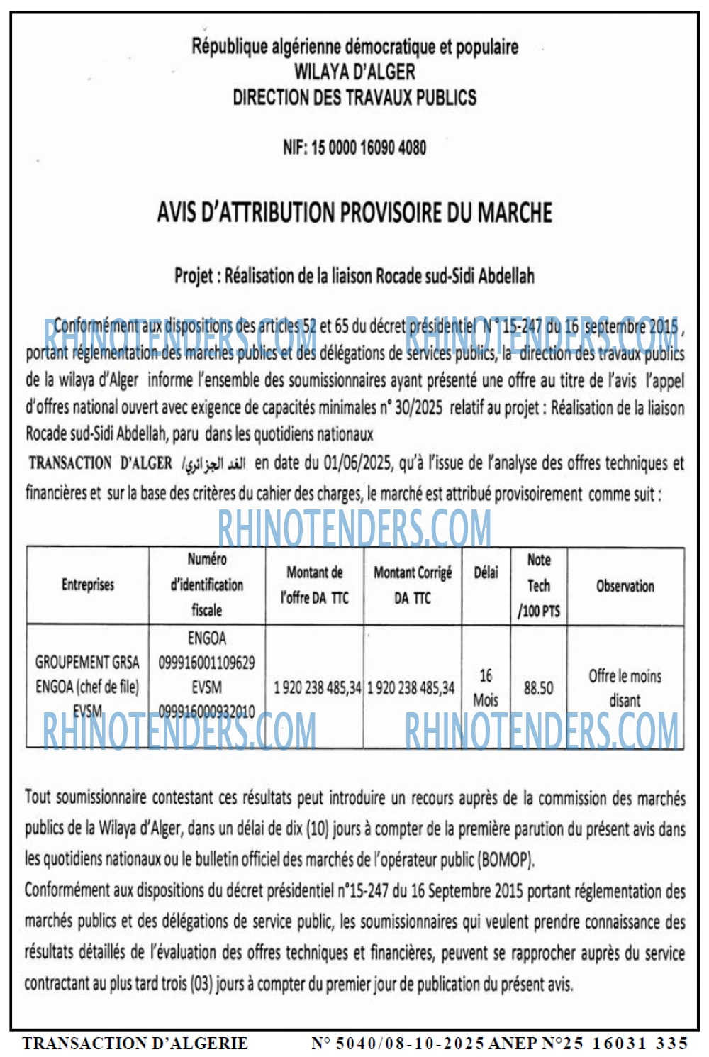 TRANSACTION D'ALGERIE