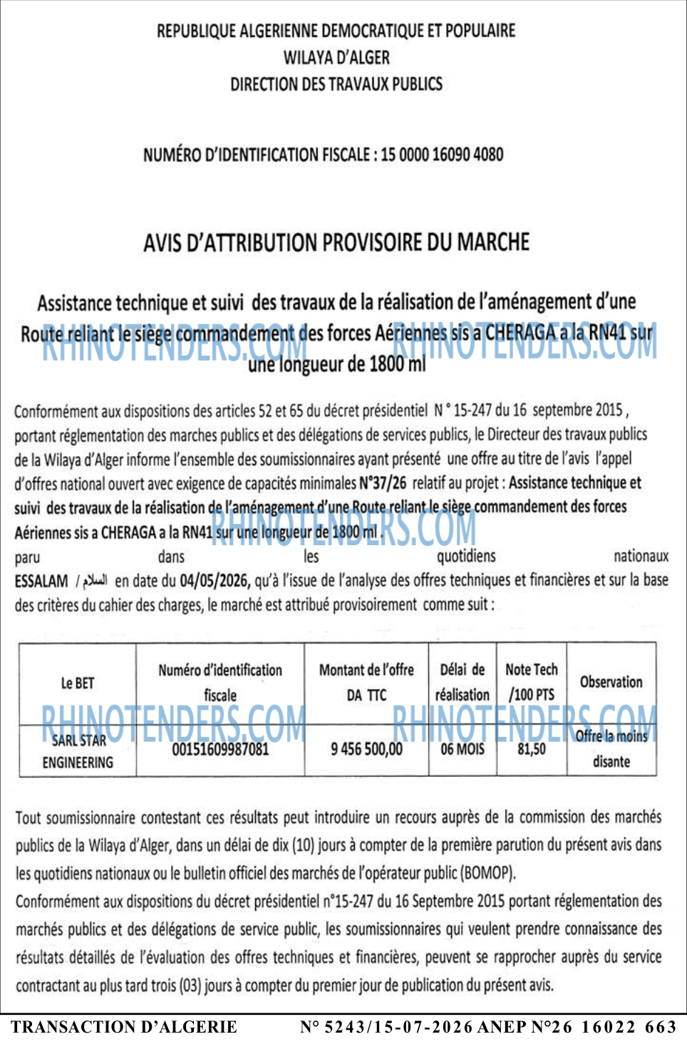 TRANSACTION D'ALGERIE