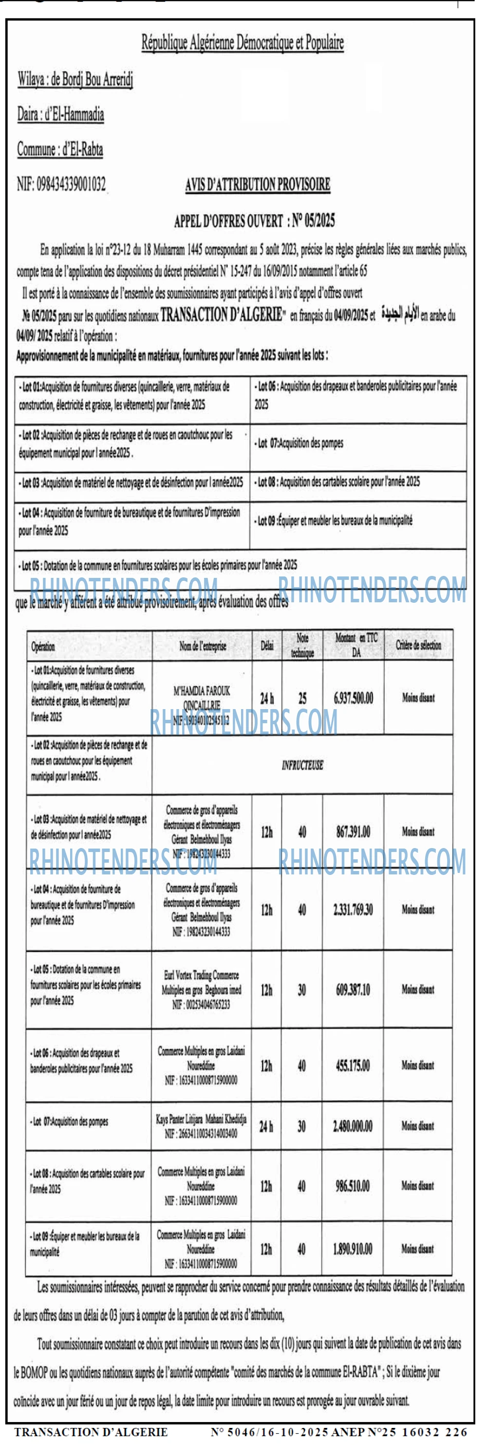 TRANSACTION D'ALGERIE