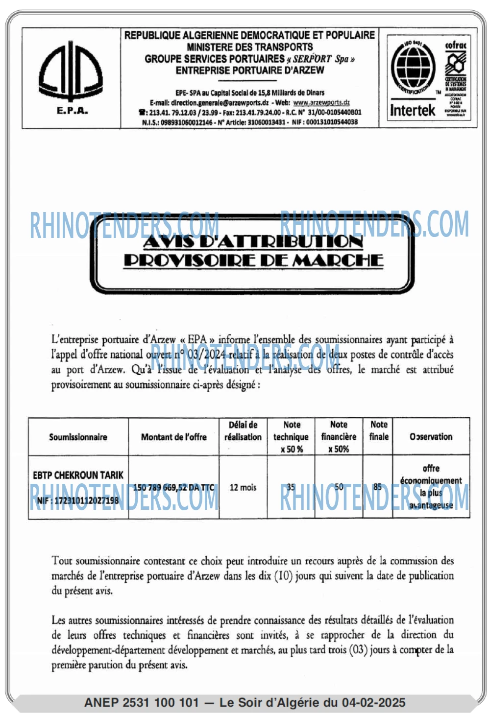 LE SOIR D'ALGERIE