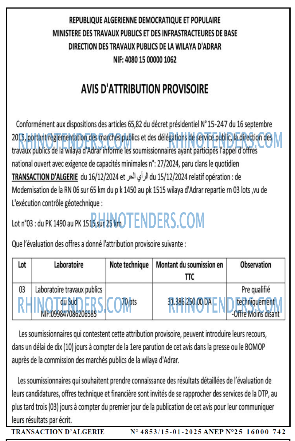TRANSACTION D'ALGERIE