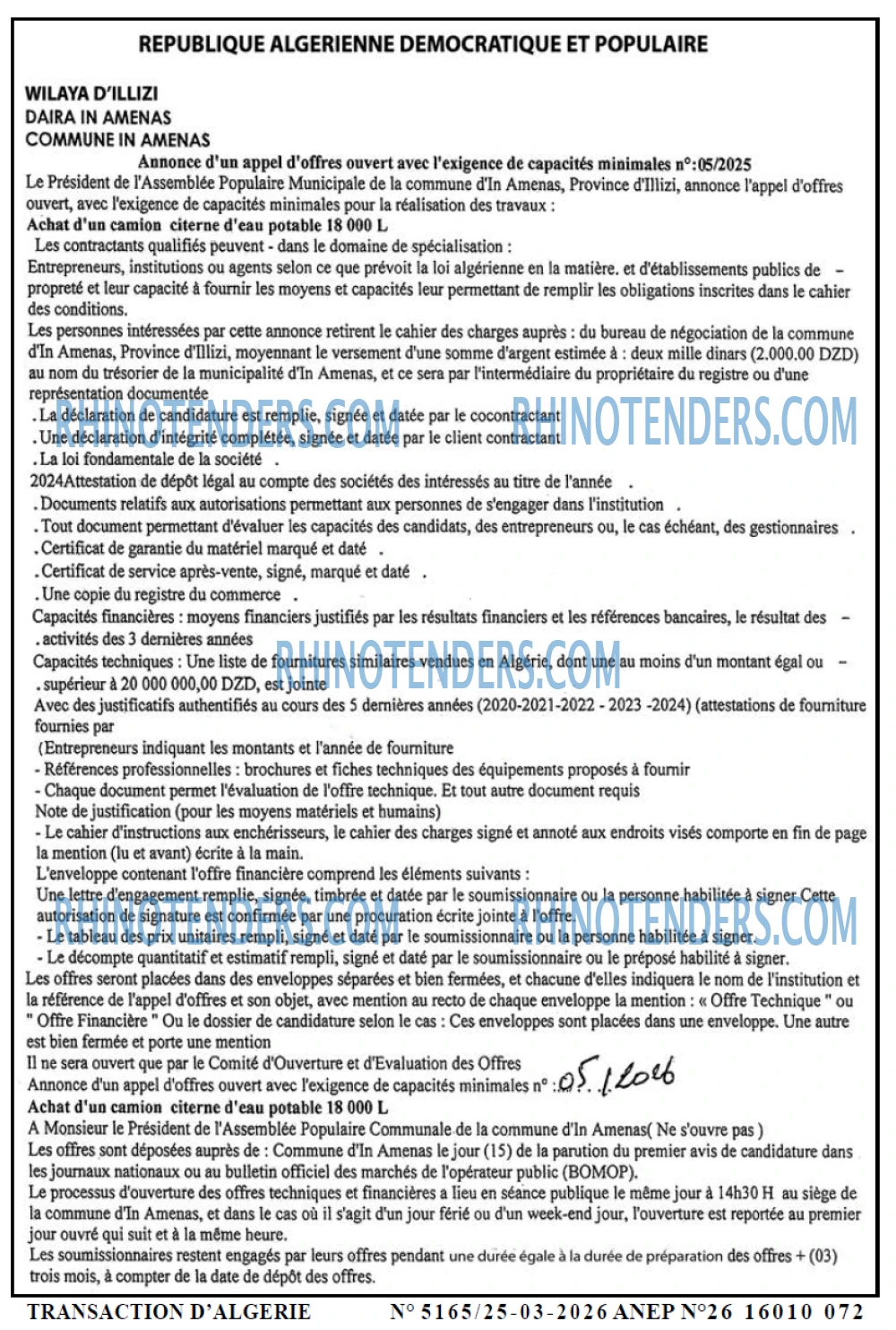 TRANSACTION D'ALGERIE