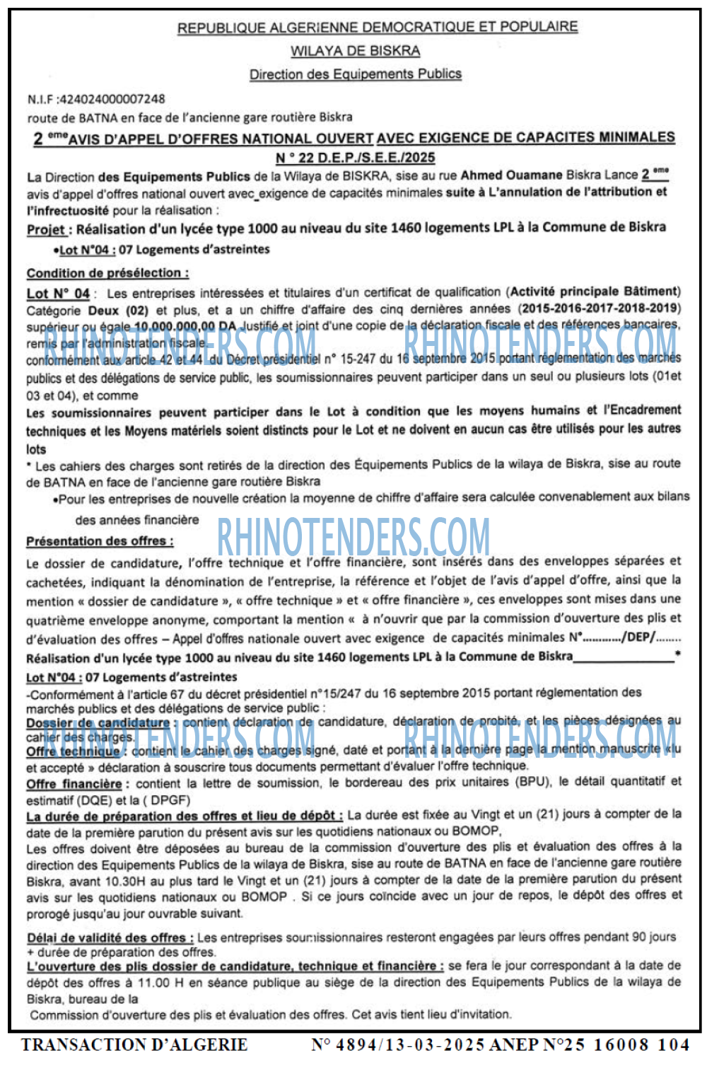 TRANSACTION D'ALGERIE