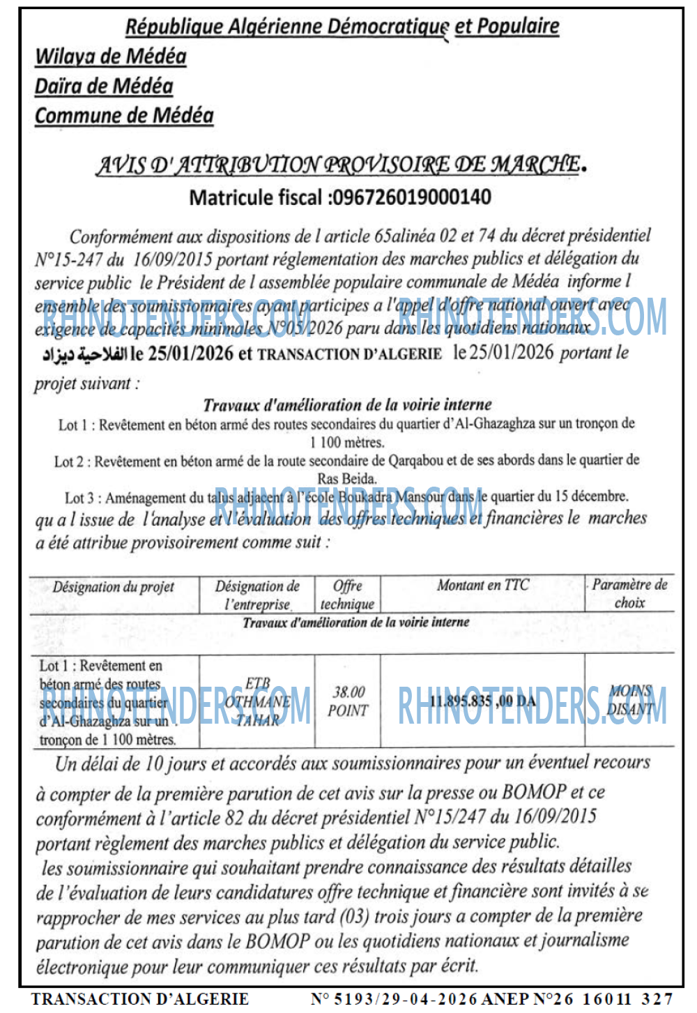 TRANSACTION D'ALGERIE