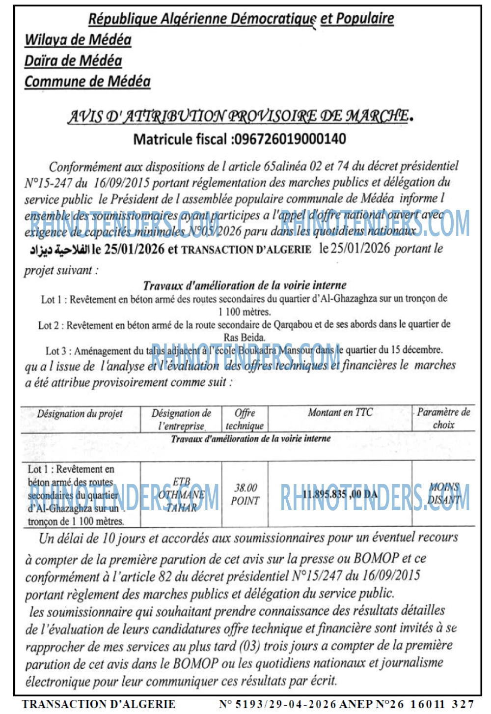 TRANSACTION D'ALGERIE