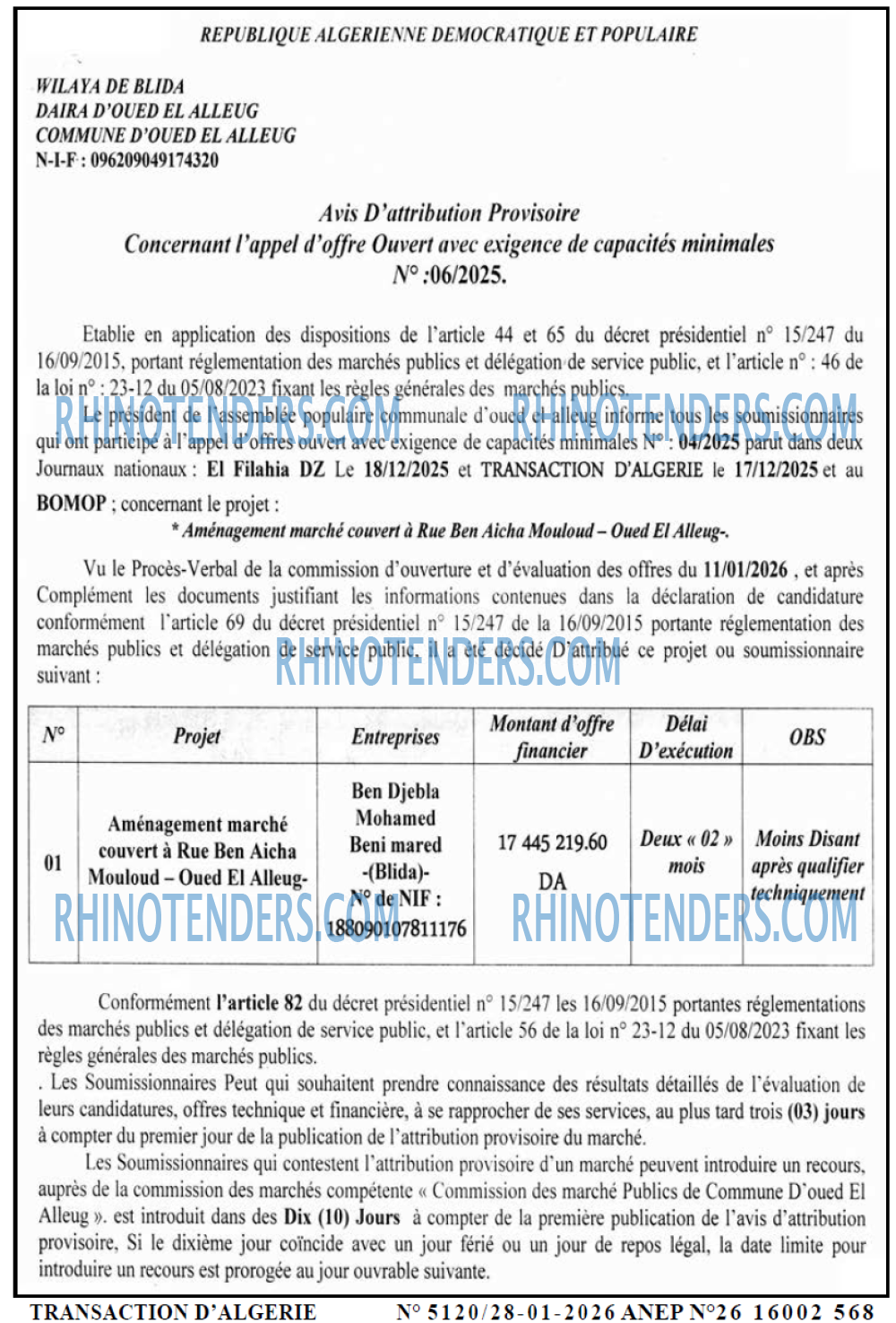 TRANSACTION D'ALGERIE