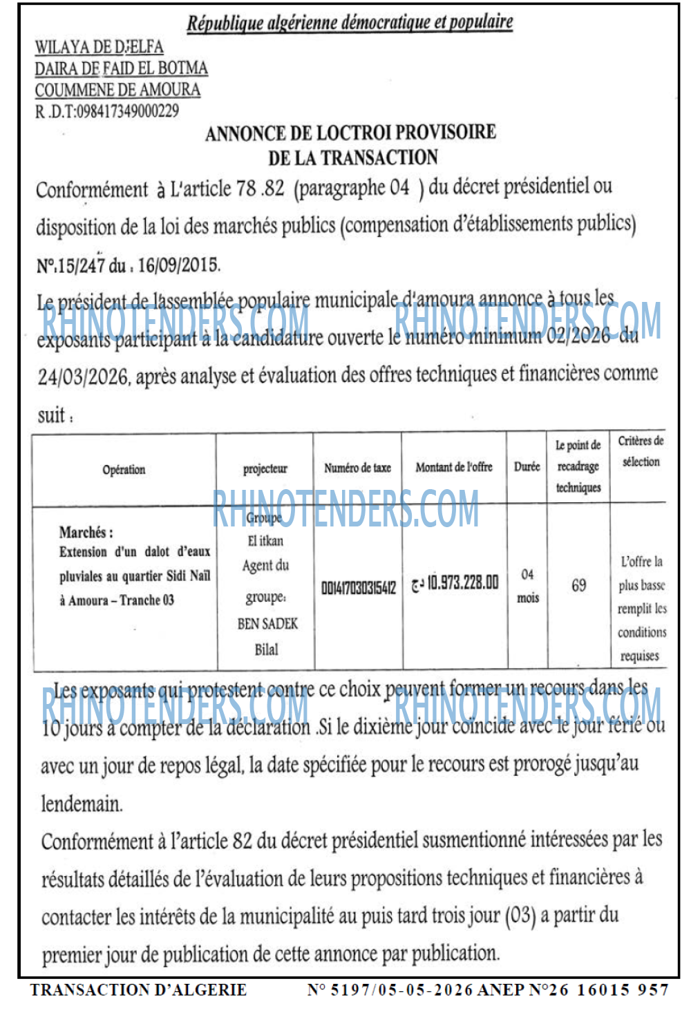 TRANSACTION D'ALGERIE