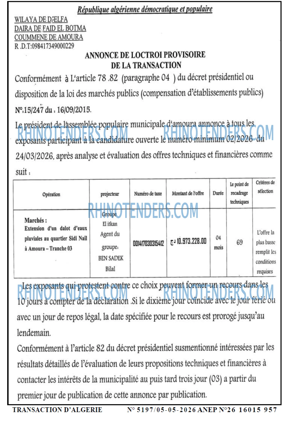 TRANSACTION D'ALGERIE
