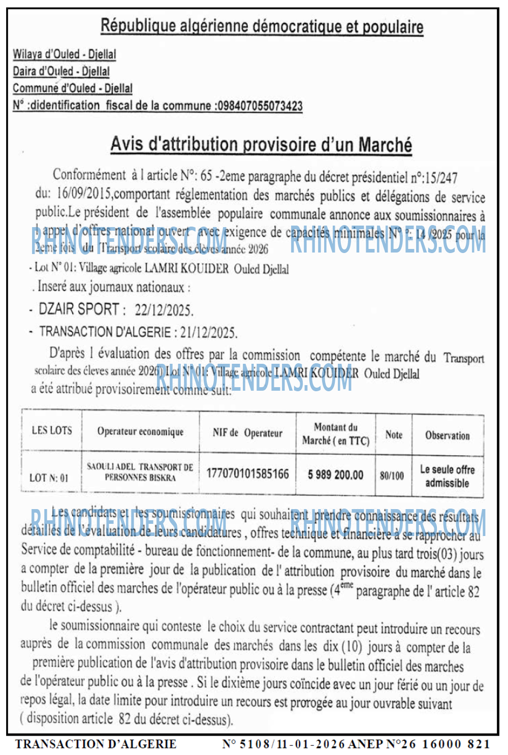 TRANSACTION D'ALGERIE