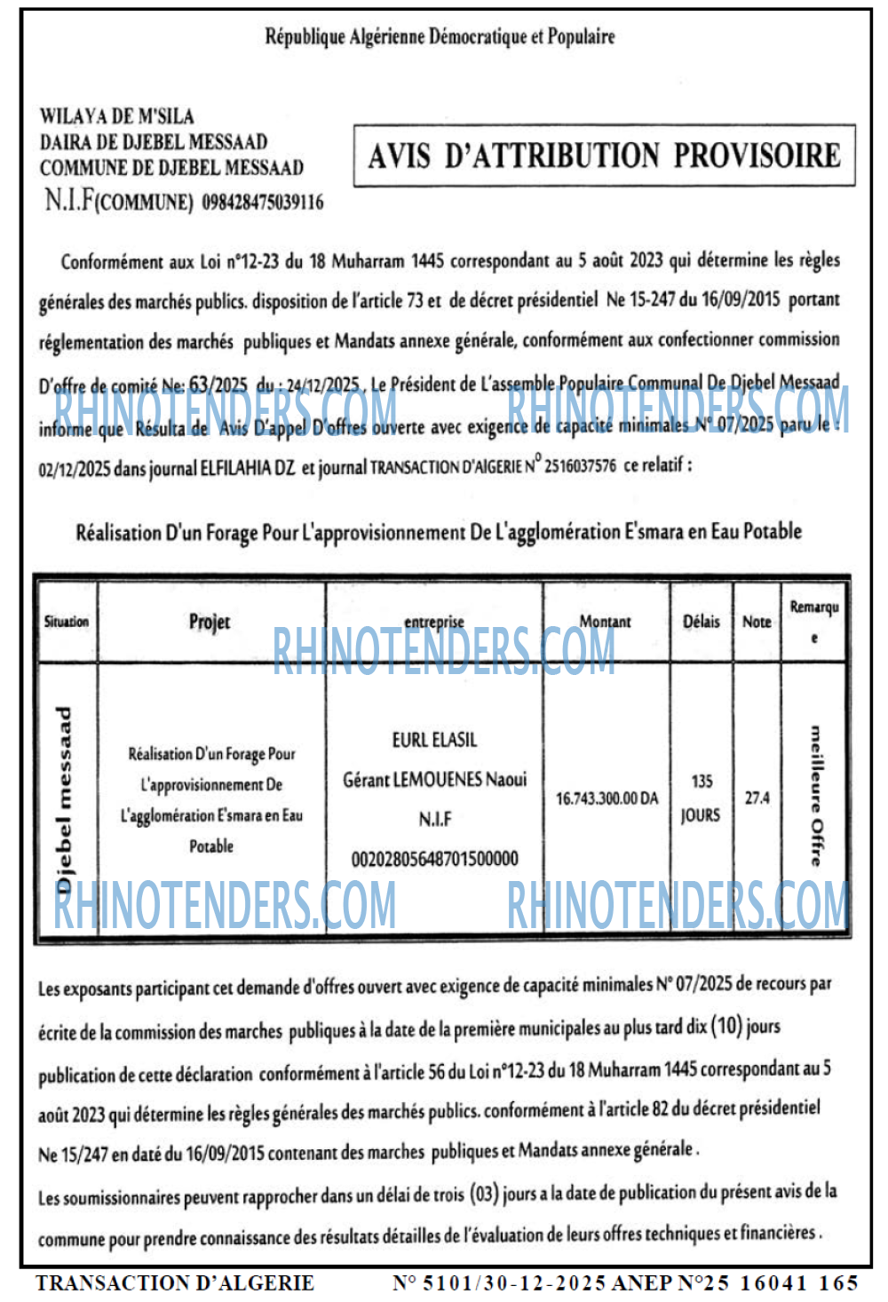 TRANSACTION D'ALGERIE