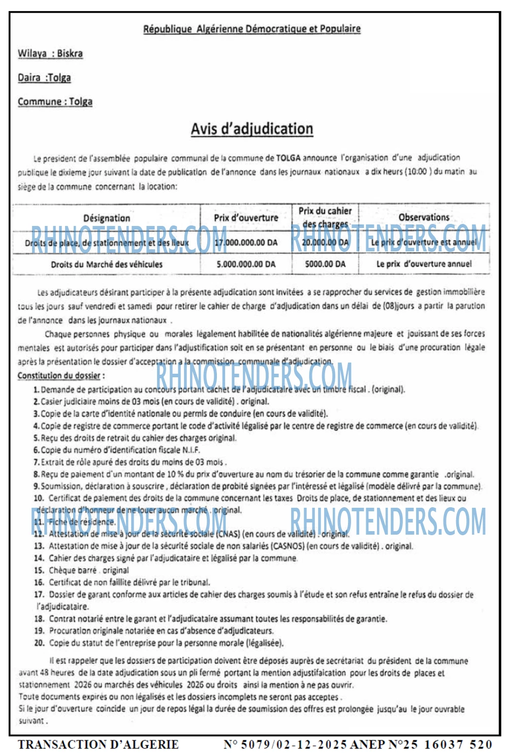 TRANSACTION D'ALGERIE