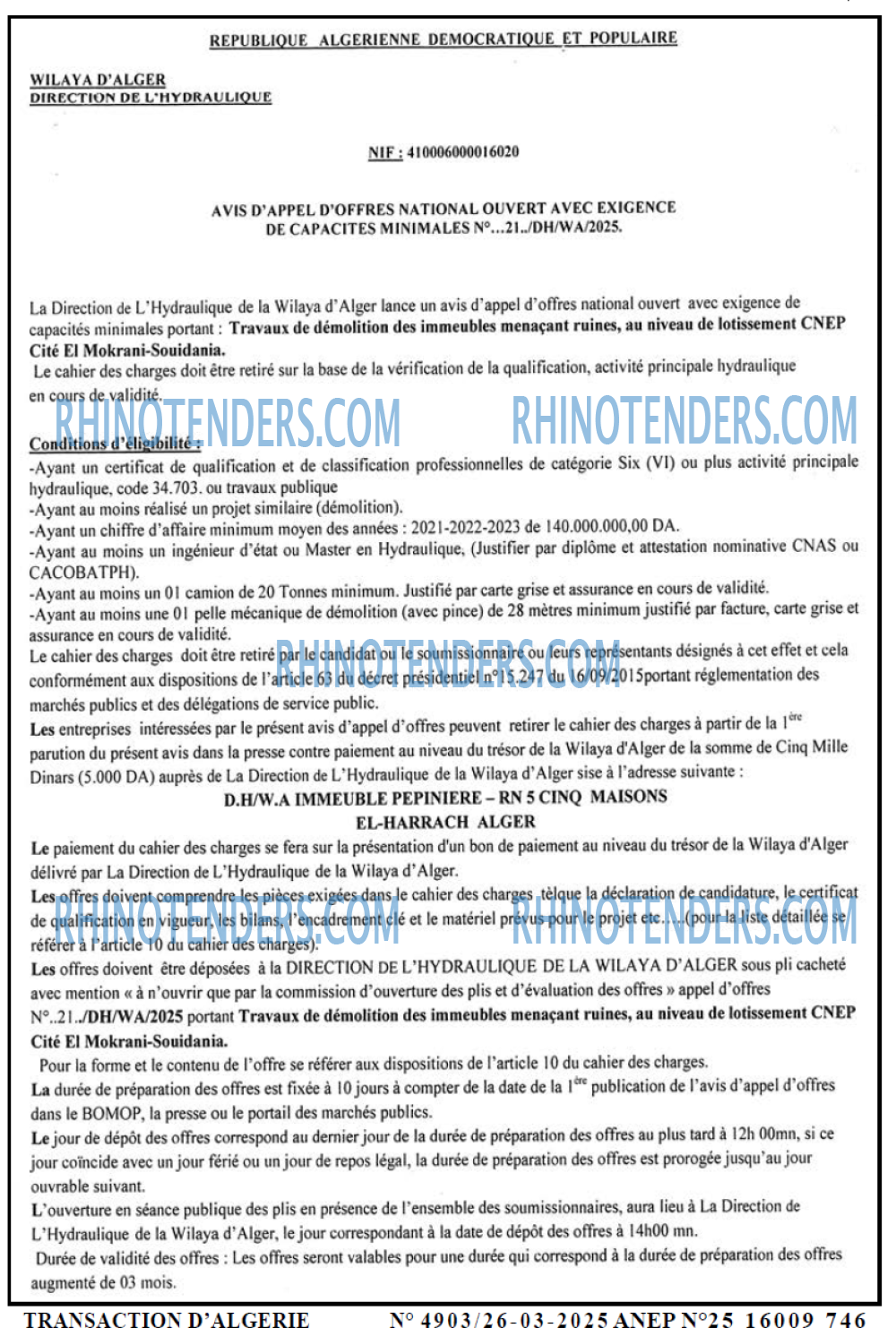 TRANSACTION D'ALGERIE