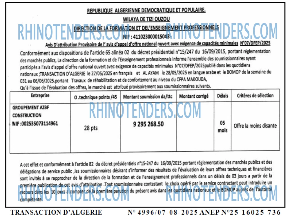 TRANSACTION D'ALGERIE