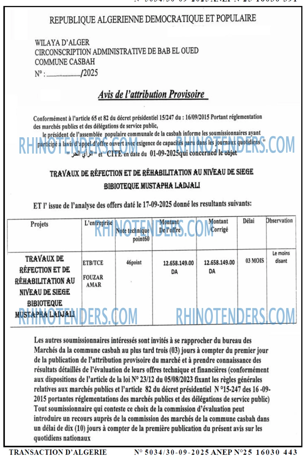 TRANSACTION D'ALGERIE