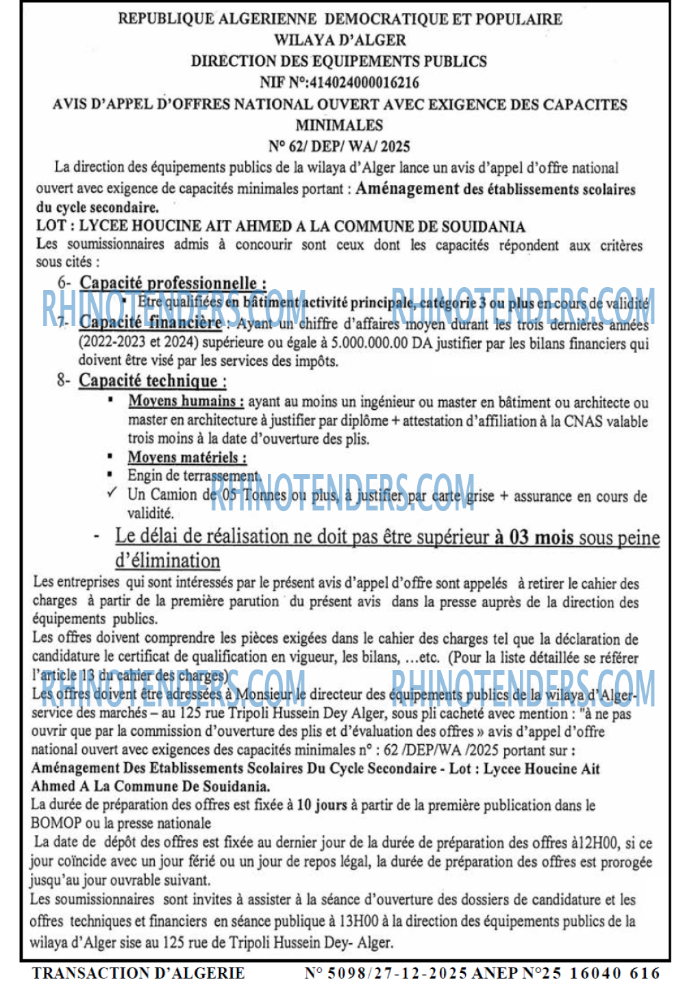 TRANSACTION D'ALGERIE