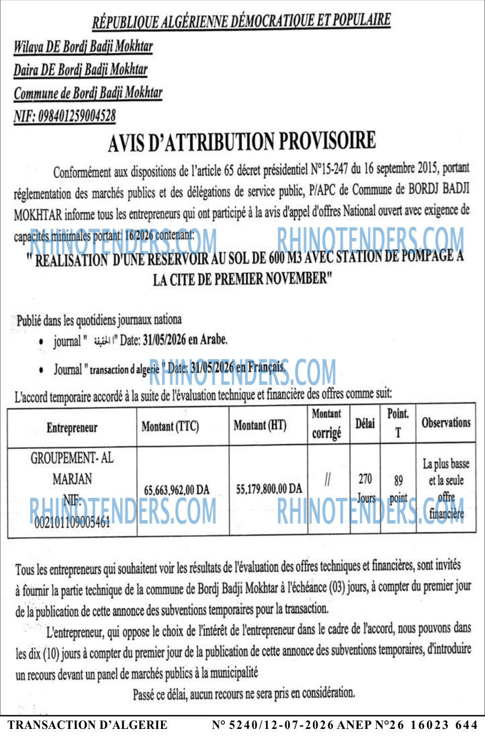 TRANSACTION D'ALGERIE