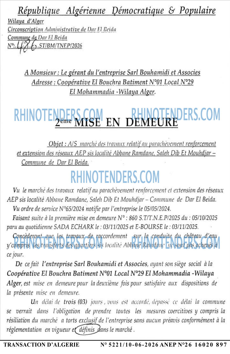 TRANSACTION D'ALGERIE