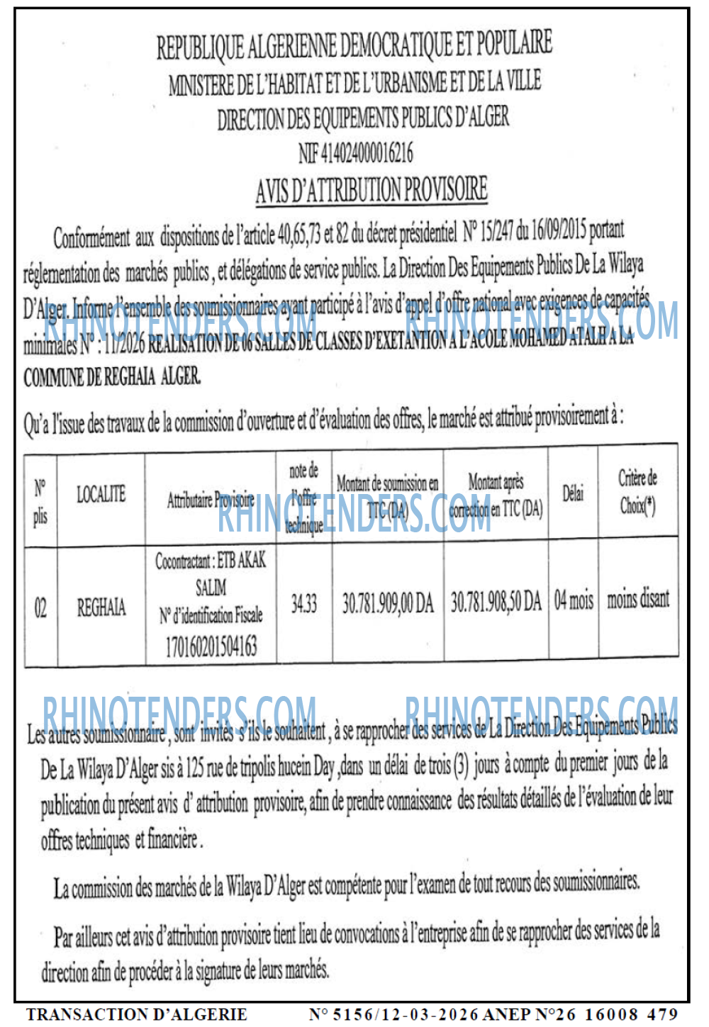TRANSACTION D'ALGERIE