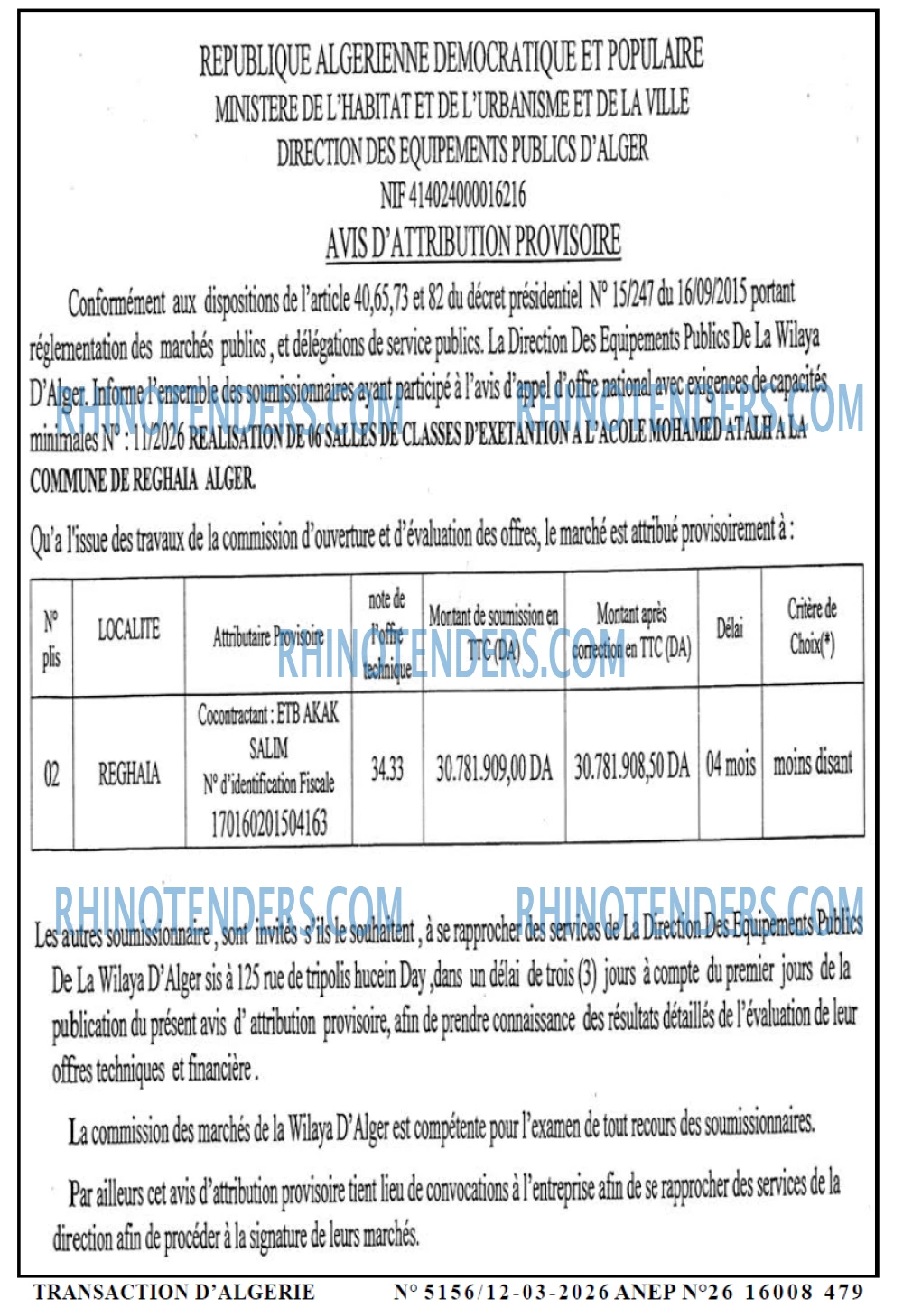 TRANSACTION D'ALGERIE