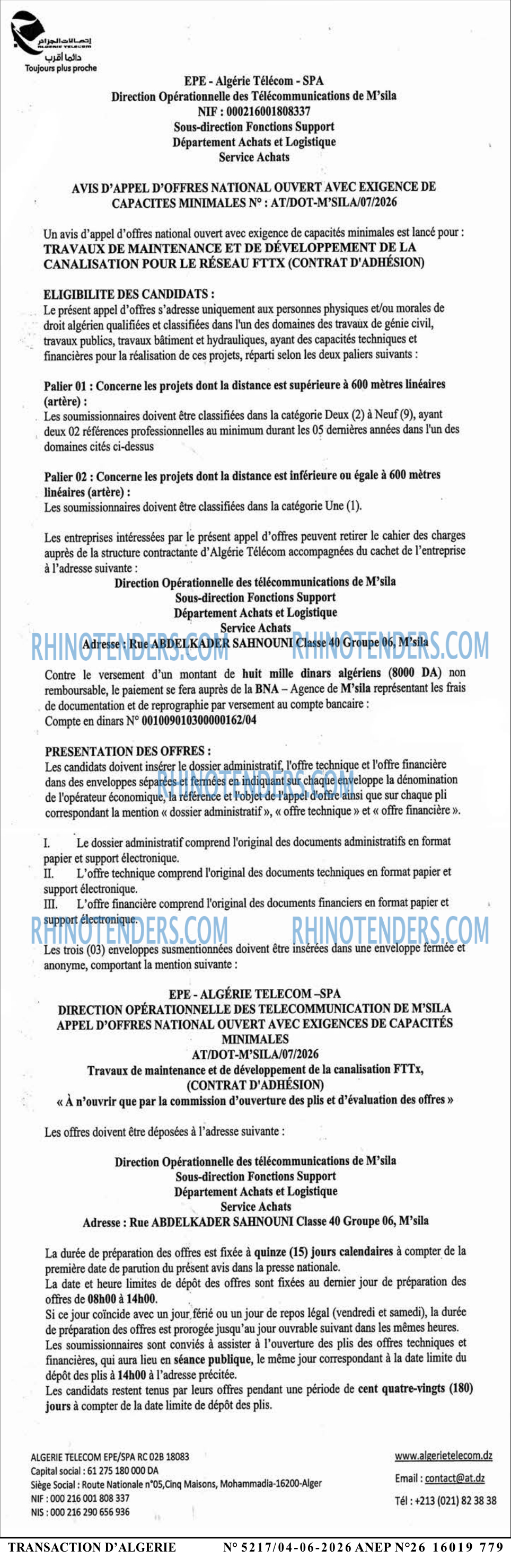 TRANSACTION D'ALGERIE