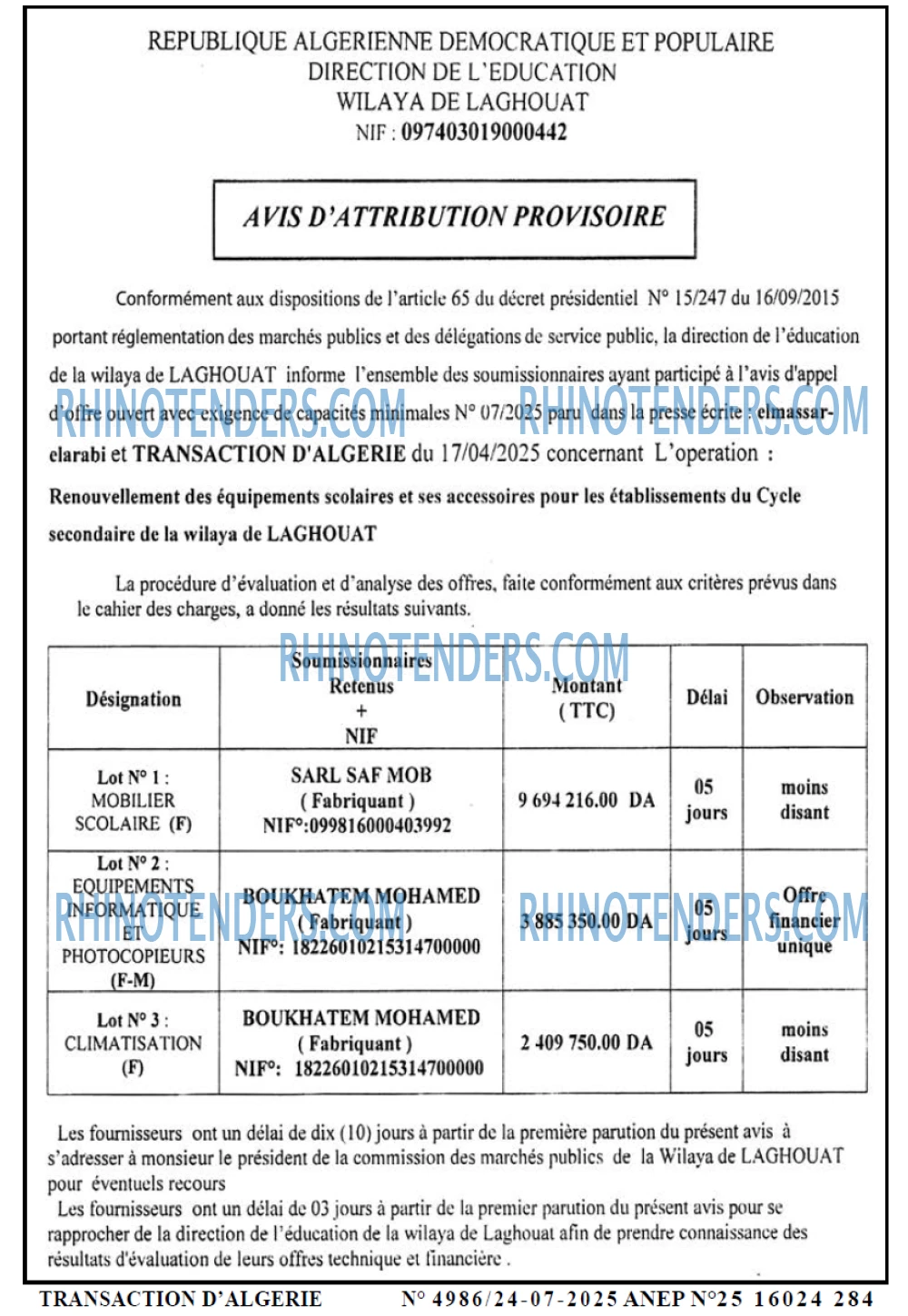 TRANSACTION D'ALGERIE