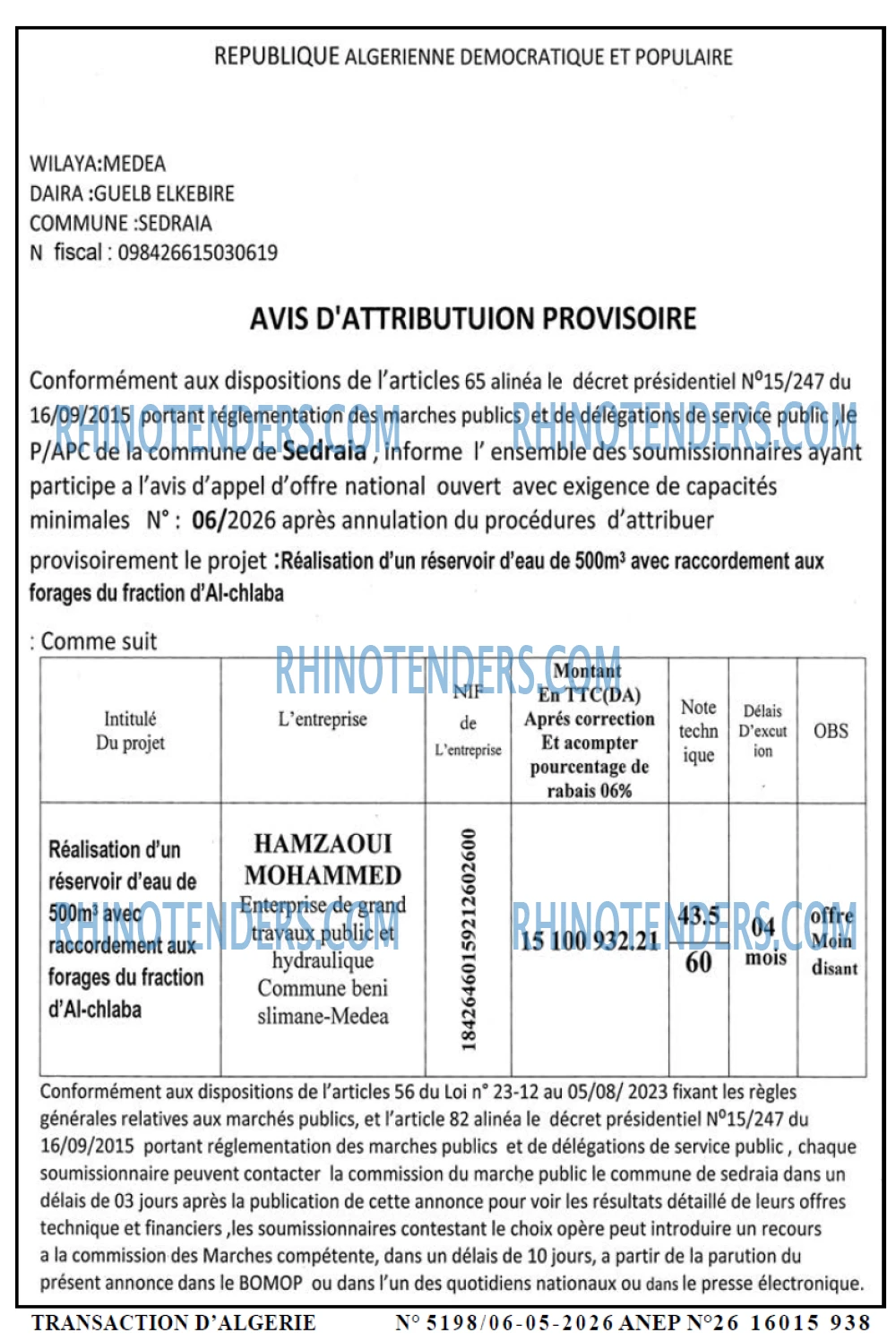 TRANSACTION D'ALGERIE