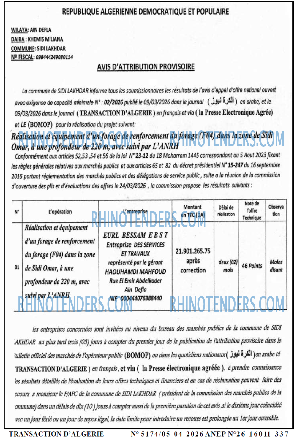 TRANSACTION D'ALGERIE
