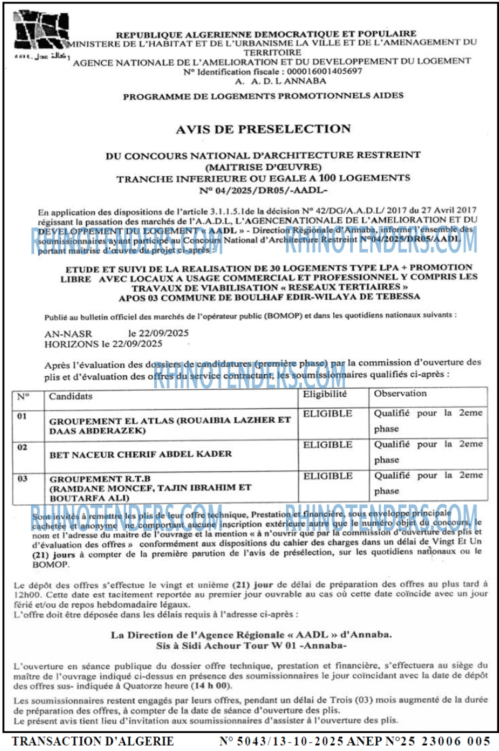 TRANSACTION D'ALGERIE