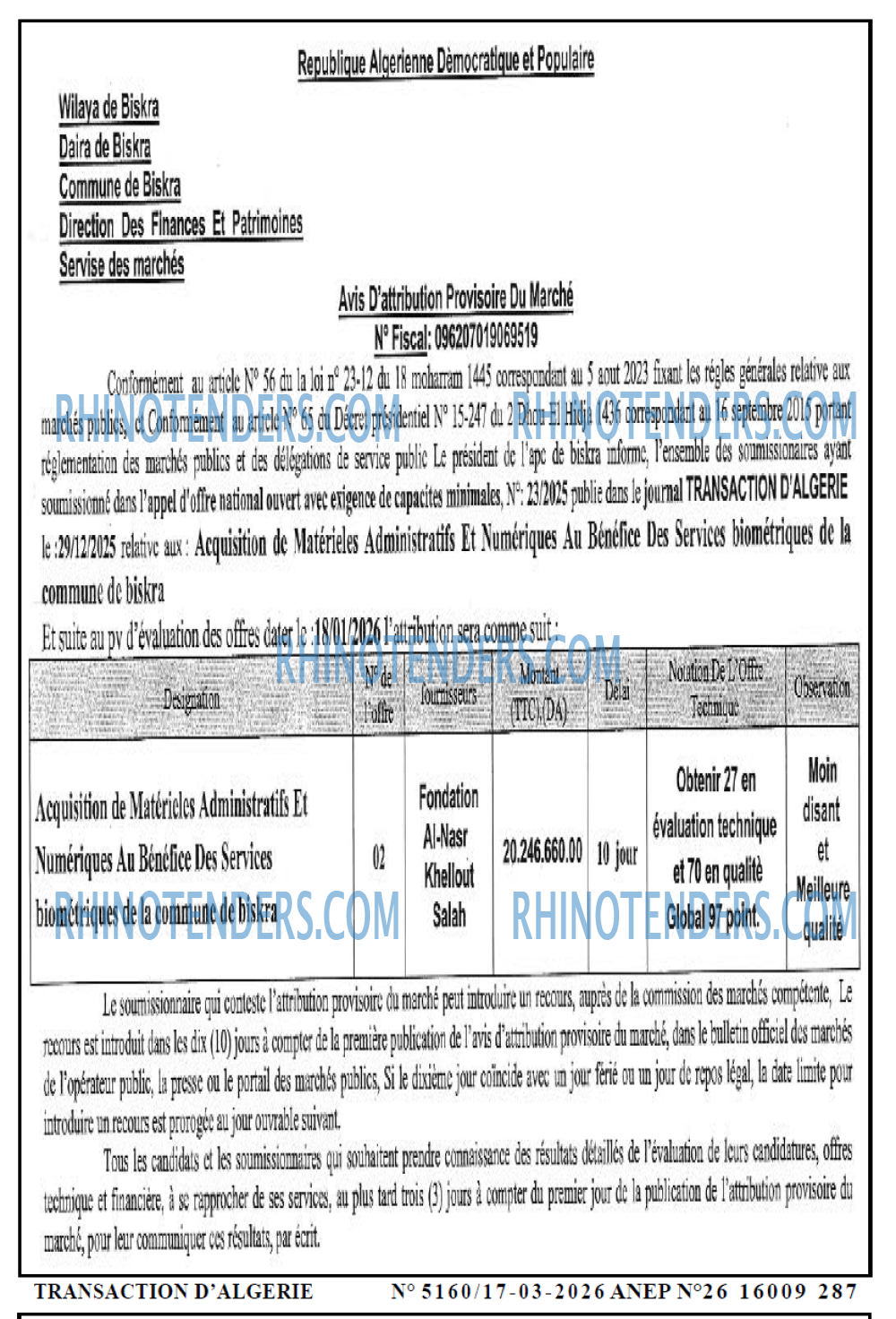 TRANSACTION D'ALGERIE