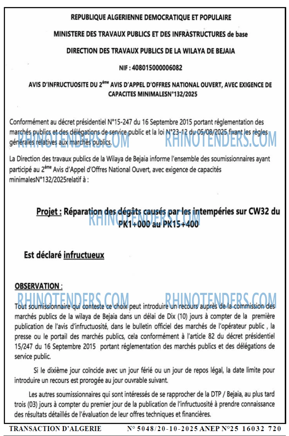 TRANSACTION D'ALGERIE