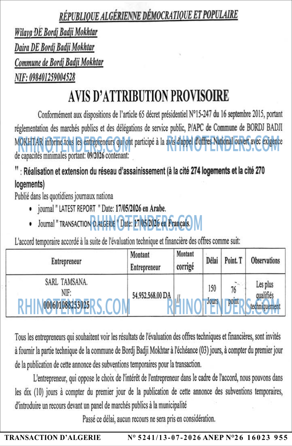 TRANSACTION D'ALGERIE