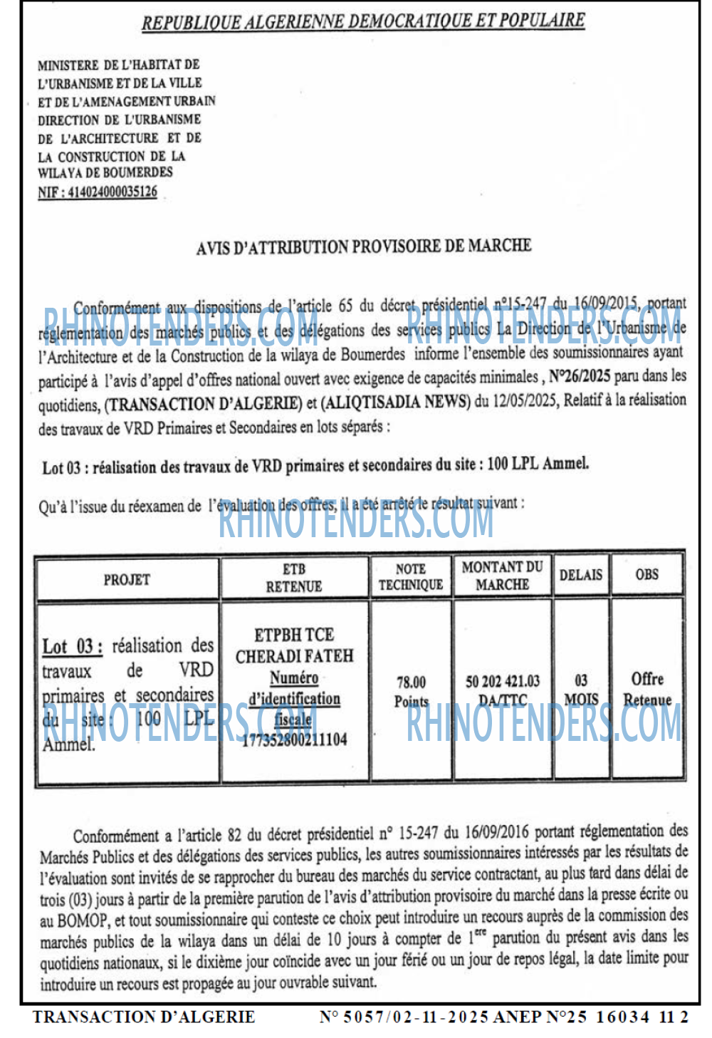 TRANSACTION D'ALGERIE
