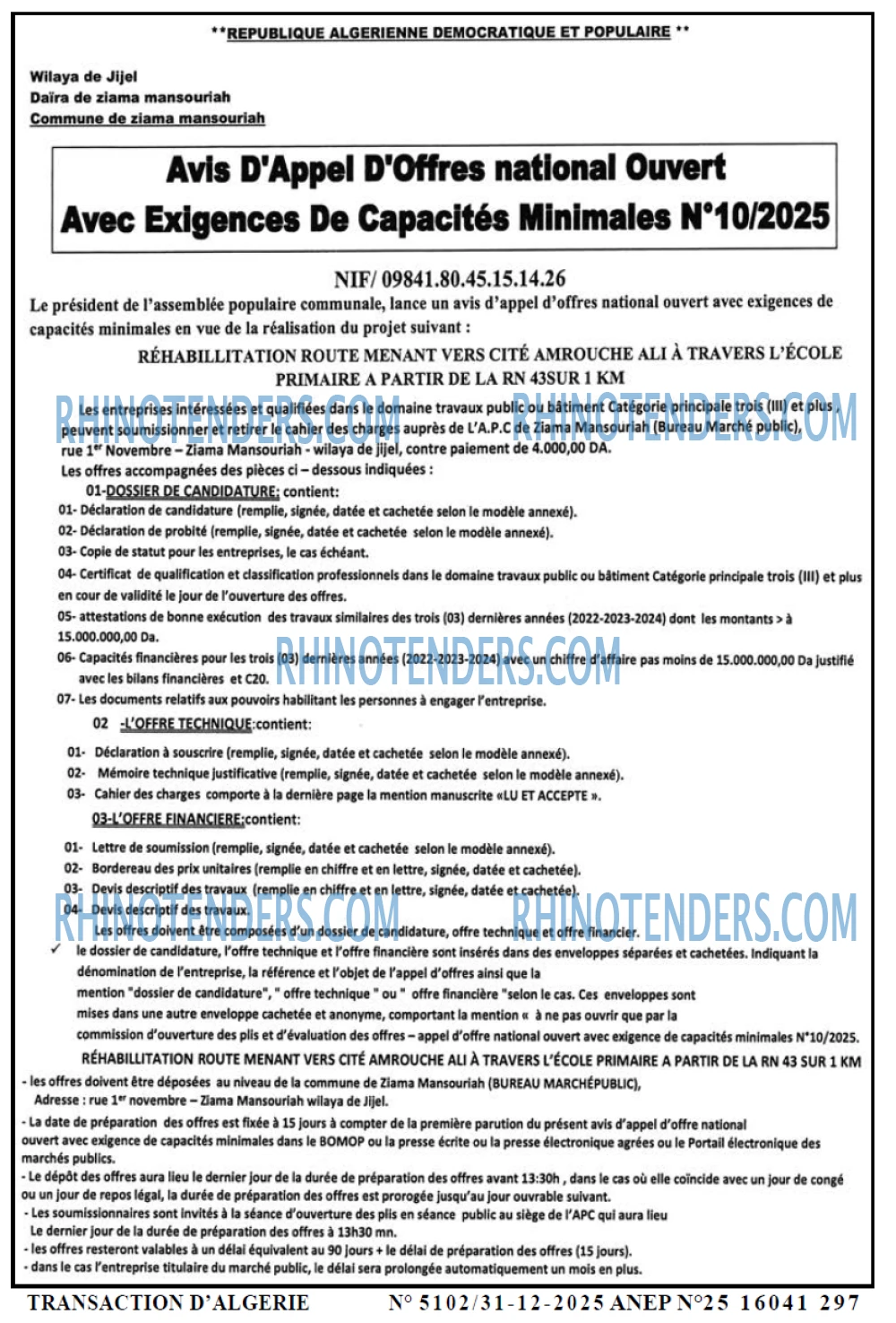 TRANSACTION D'ALGERIE