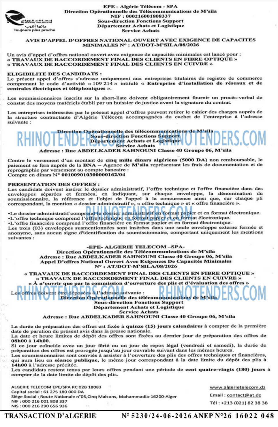 TRANSACTION D'ALGERIE