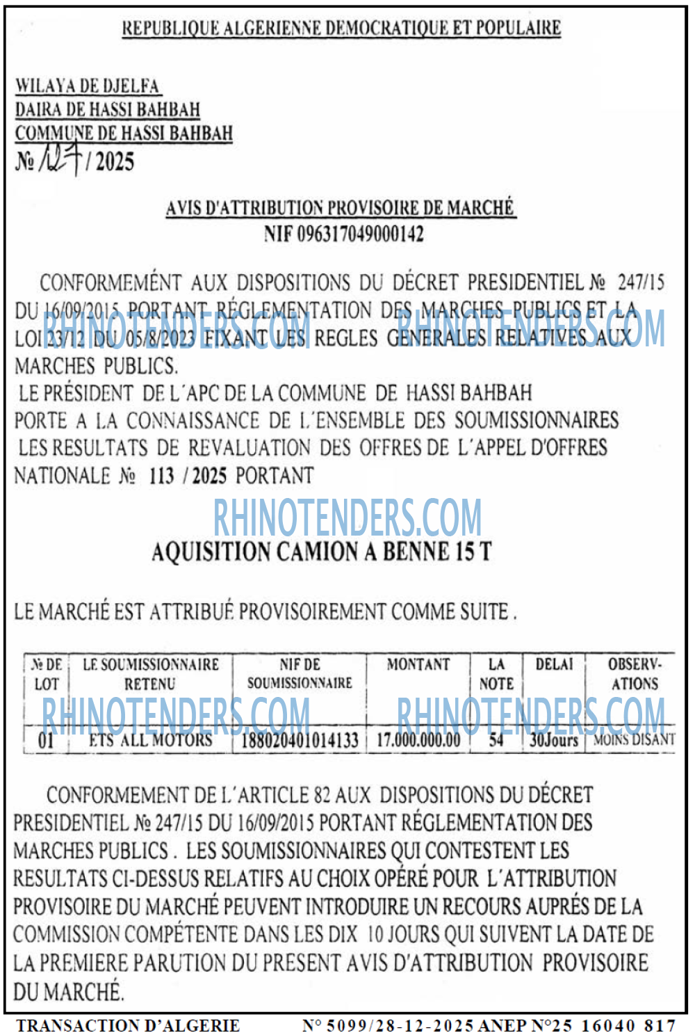 TRANSACTION D'ALGERIE