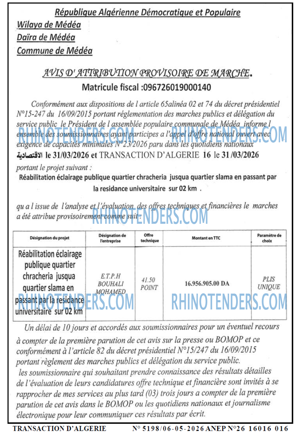 TRANSACTION D'ALGERIE