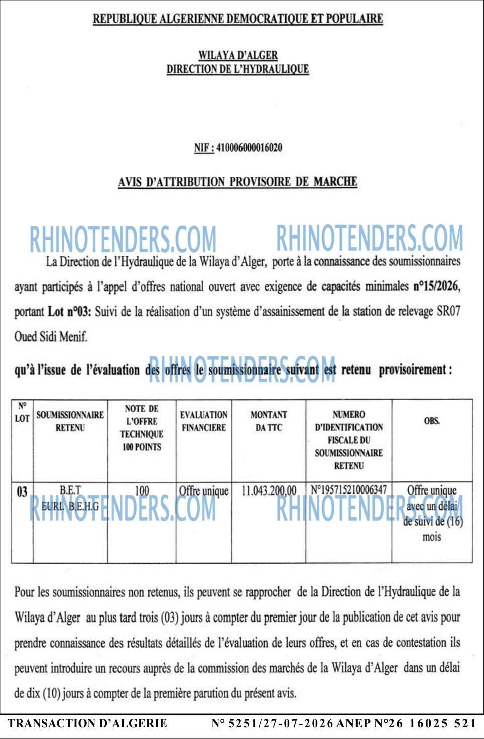 TRANSACTION D'ALGERIE