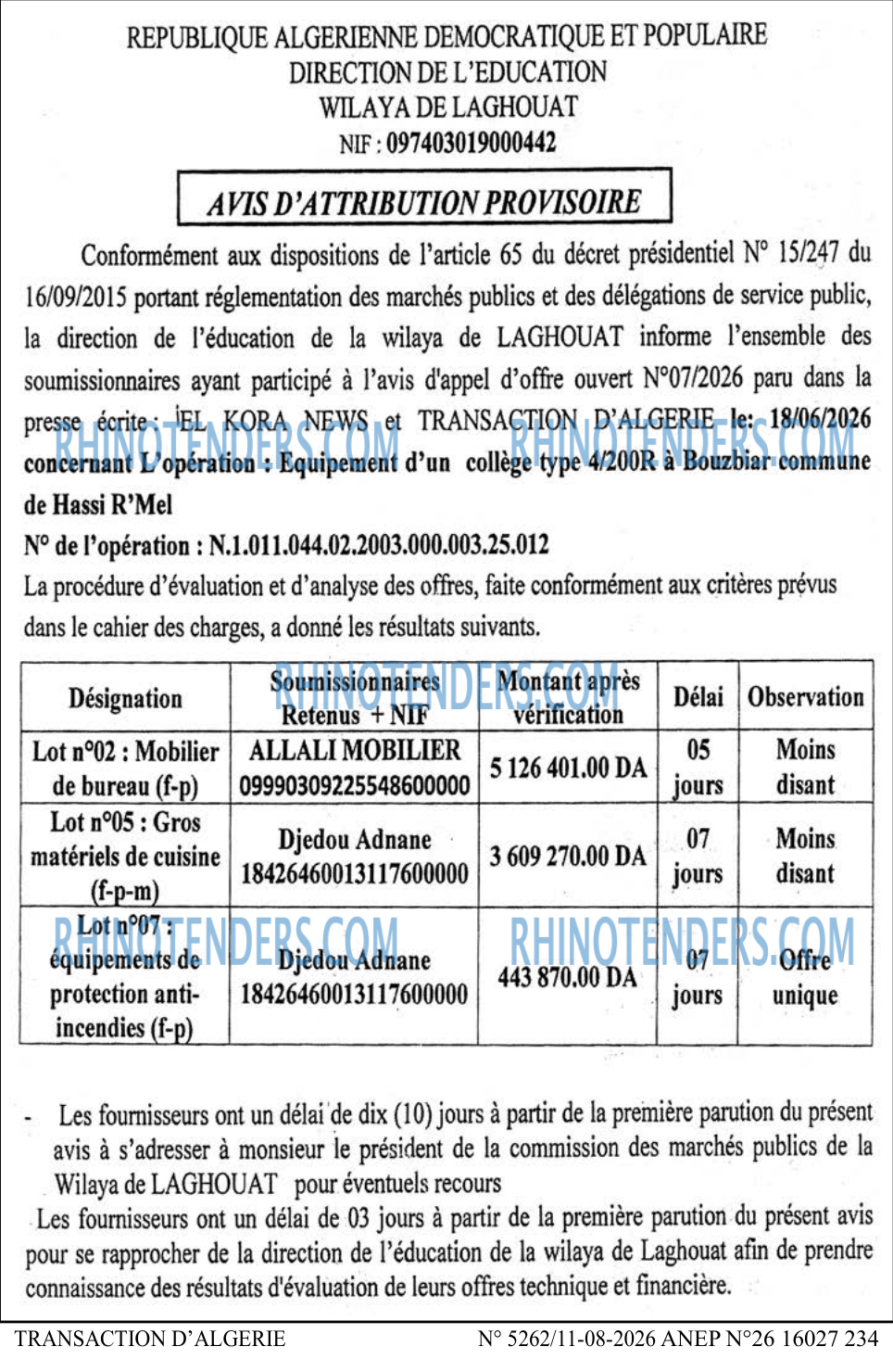 TRANSACTION D'ALGERIE