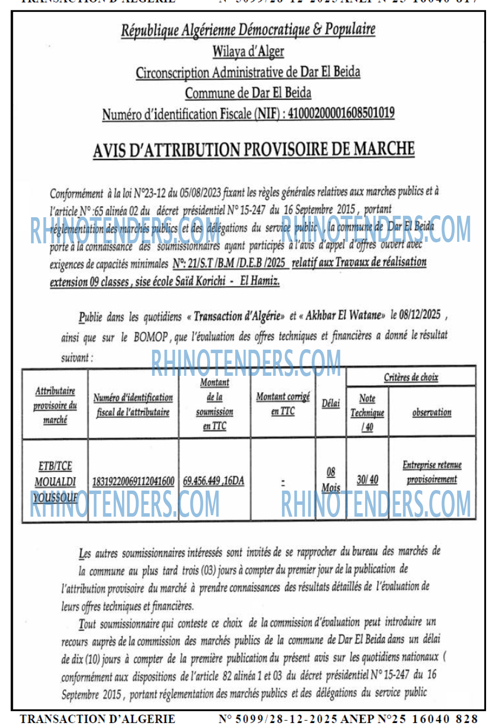 TRANSACTION D'ALGERIE