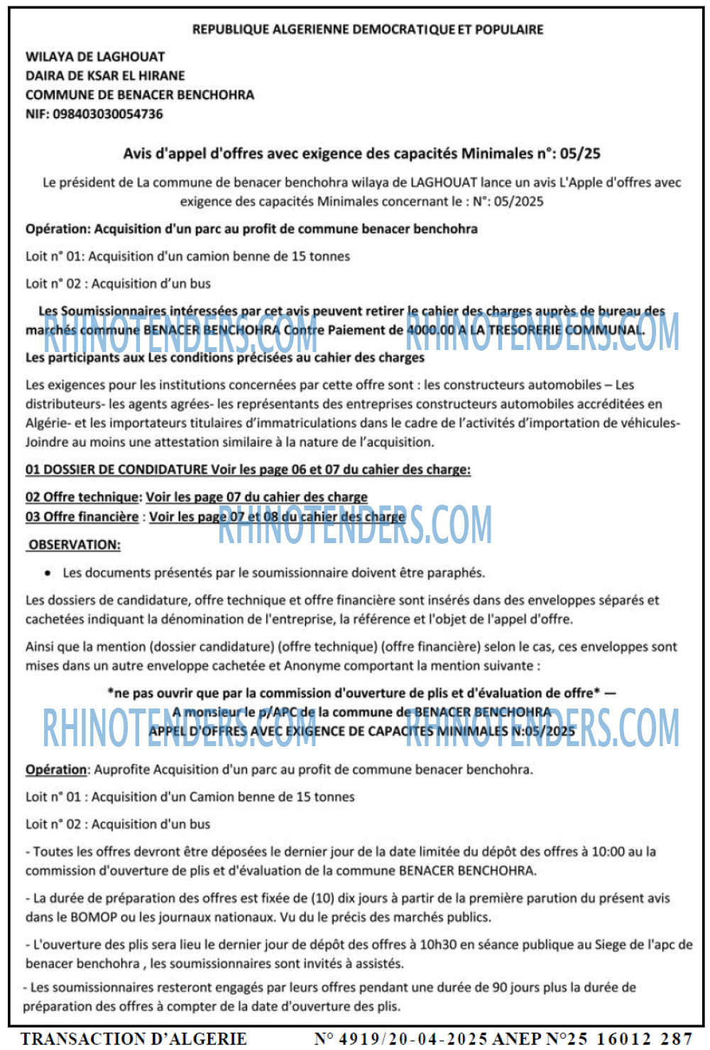 TRANSACTION D'ALGERIE