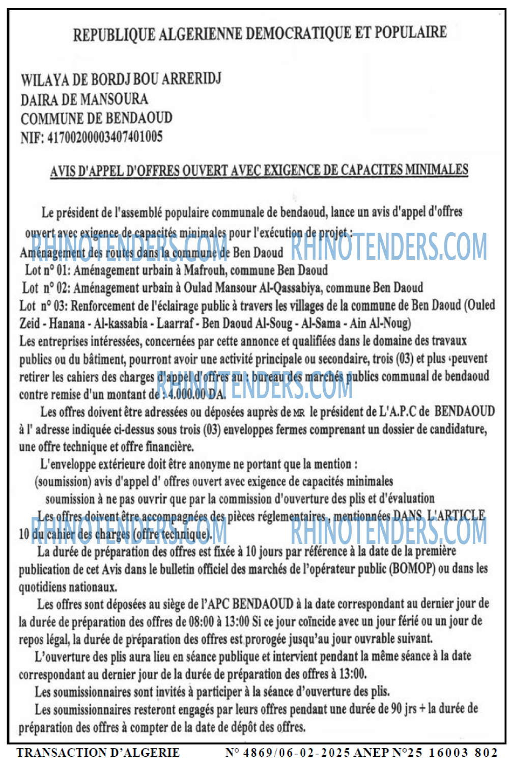TRANSACTION D'ALGERIE