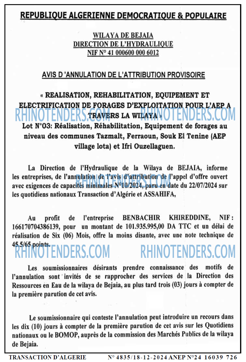 TRANSACTION D'ALGERIE