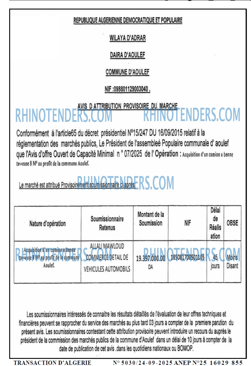 TRANSACTION D'ALGERIE