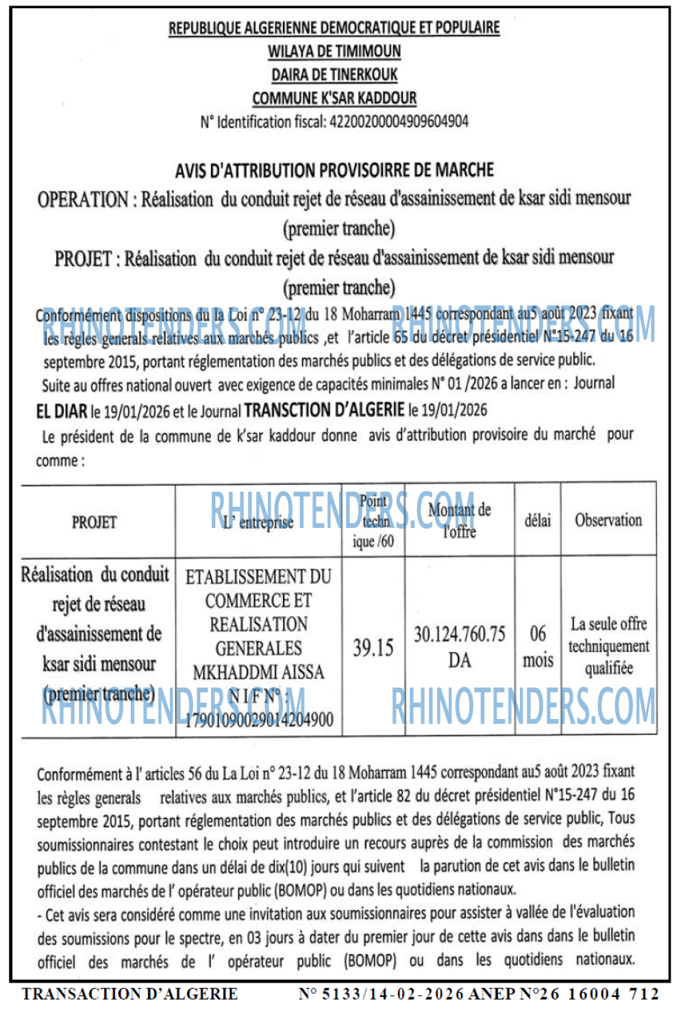 TRANSACTION D'ALGERIE