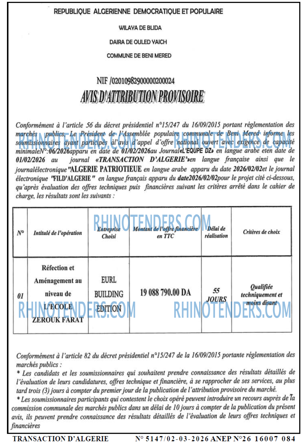 TRANSACTION D'ALGERIE