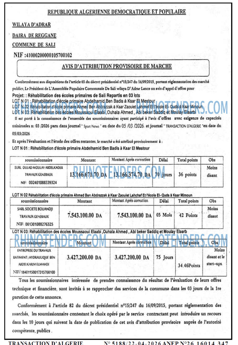 TRANSACTION D'ALGERIE