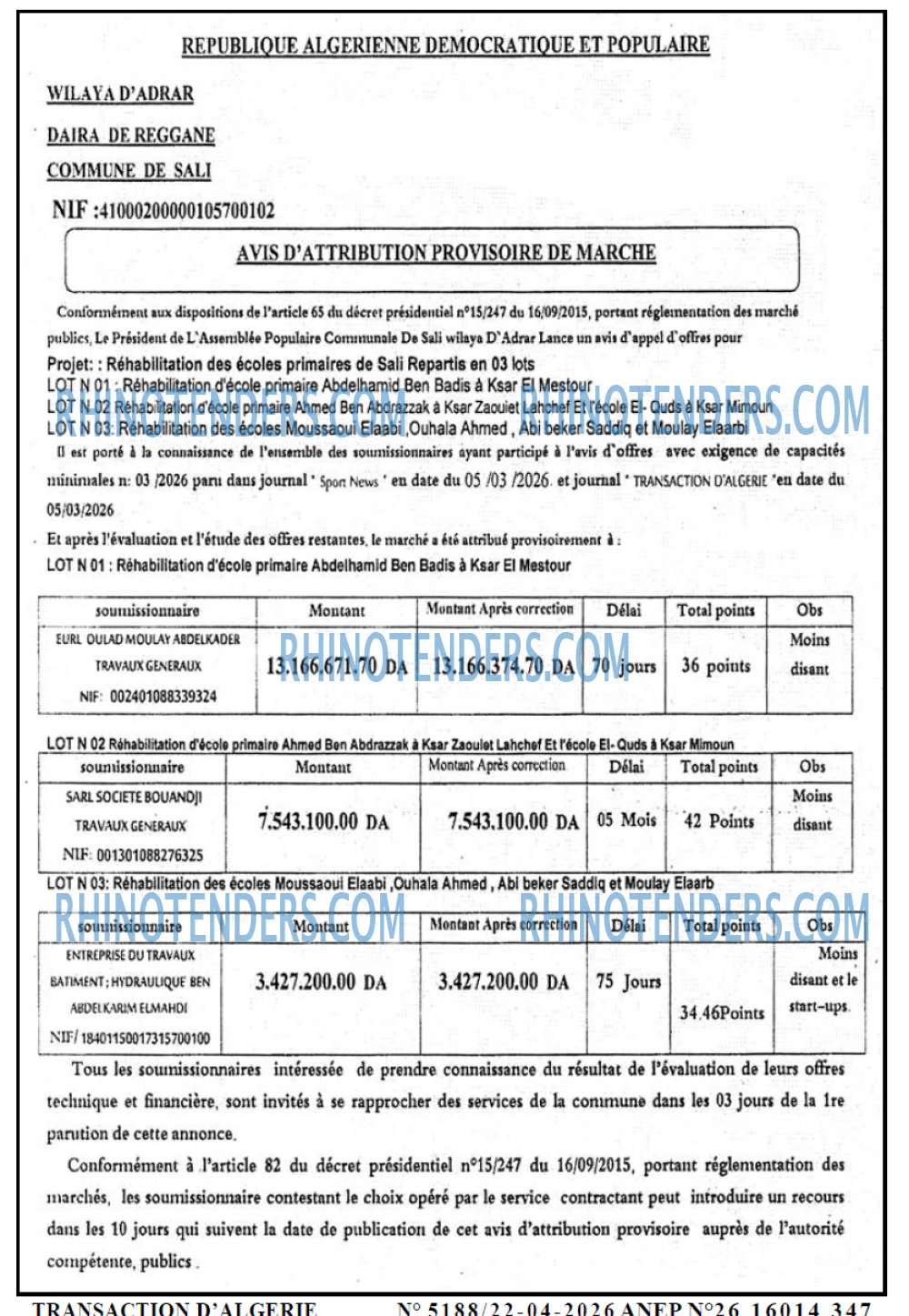 TRANSACTION D'ALGERIE