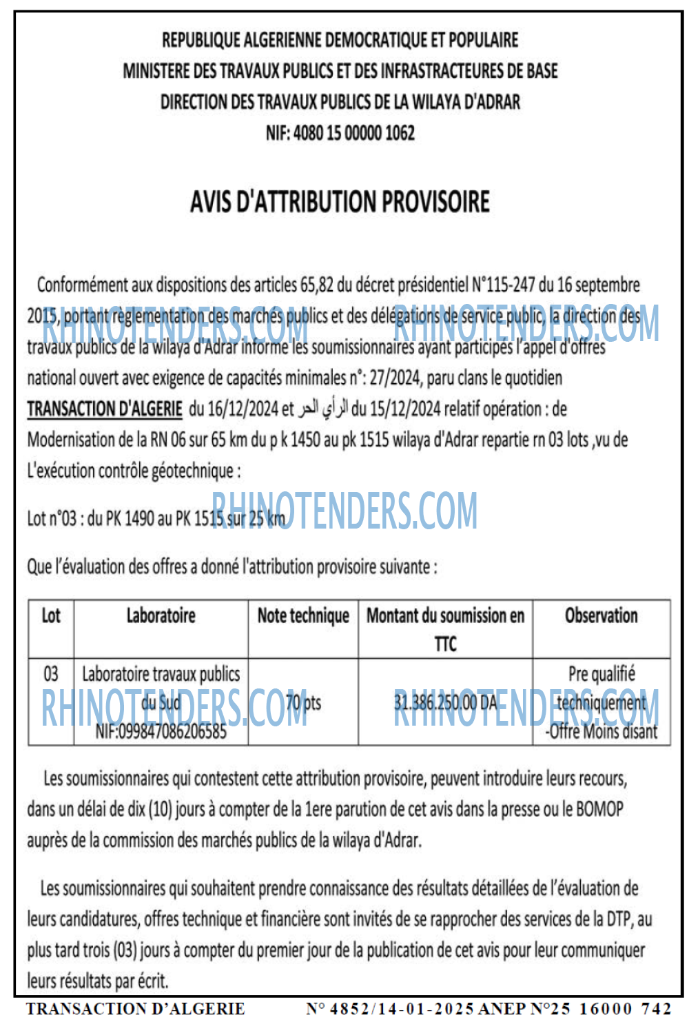 TRANSACTION D'ALGERIE